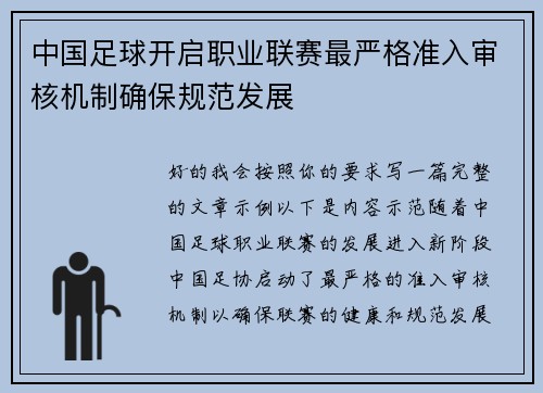 中国足球开启职业联赛最严格准入审核机制确保规范发展